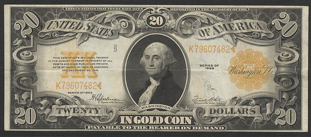 Fr.1187, 1922 $20 Gold Certificate, ChVF, K79607482